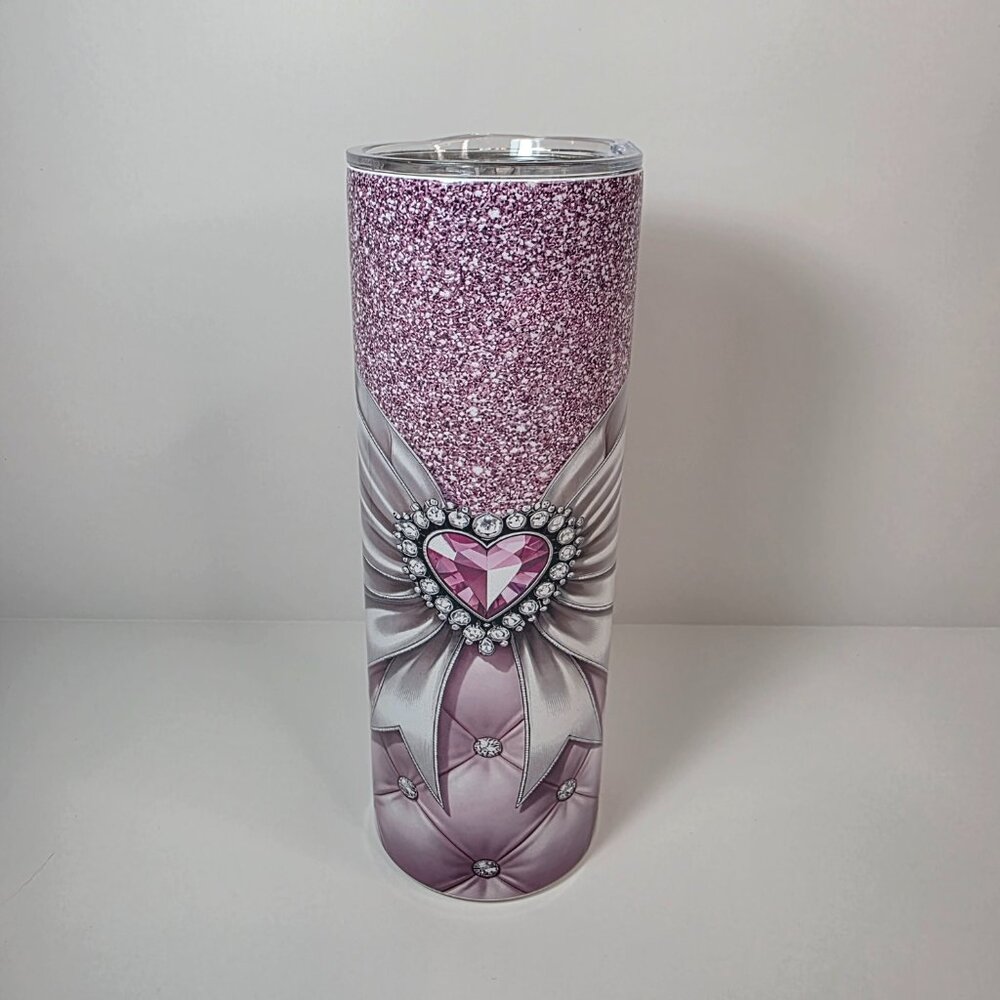 Pink Glitter Heart Bow 20 oz Skinny Tumbler | Glam Rhinestone Bling Tumbler - Picture 3 of 6